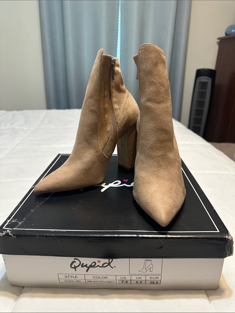 Qupid Tan Suede Pointed Toe Block Heel Ankle Booties